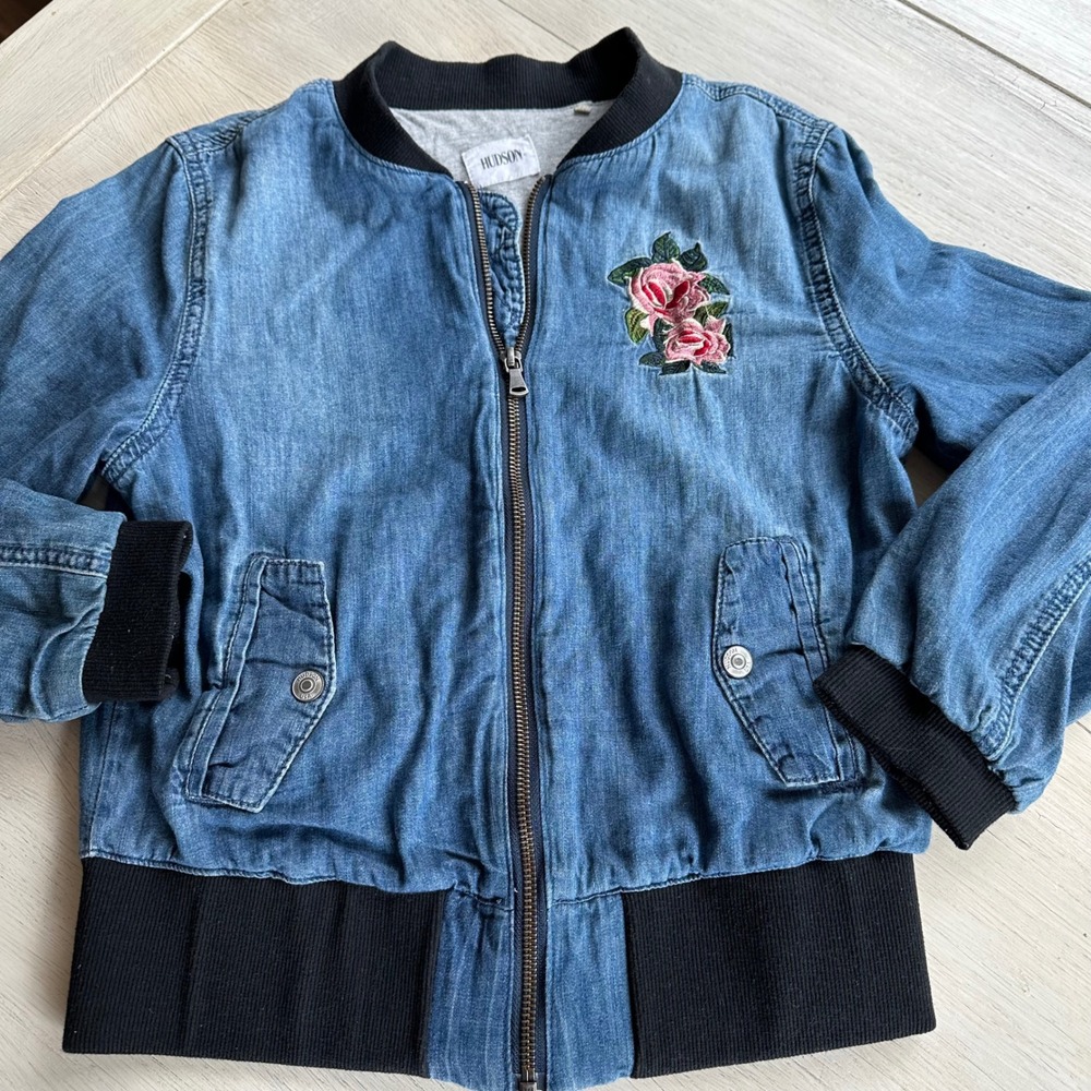 Hudson‎ Kids Denim Bomber Jacket Chambray Floral Embroidered Girls Size Large L